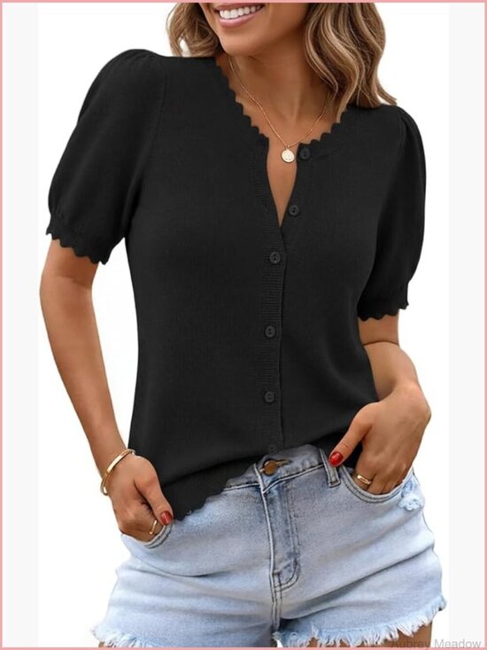 Sweaters - Puff Short Sleeve Cardigan Button Down Crew Neck Lightweight Knit Sweater